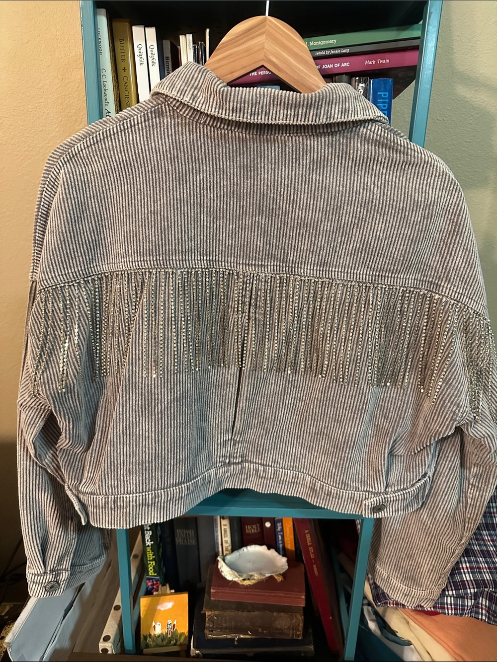 Blue B Cropped Striped Corduroy Jean Jacket with Rhinestone Fringe- Light Gray